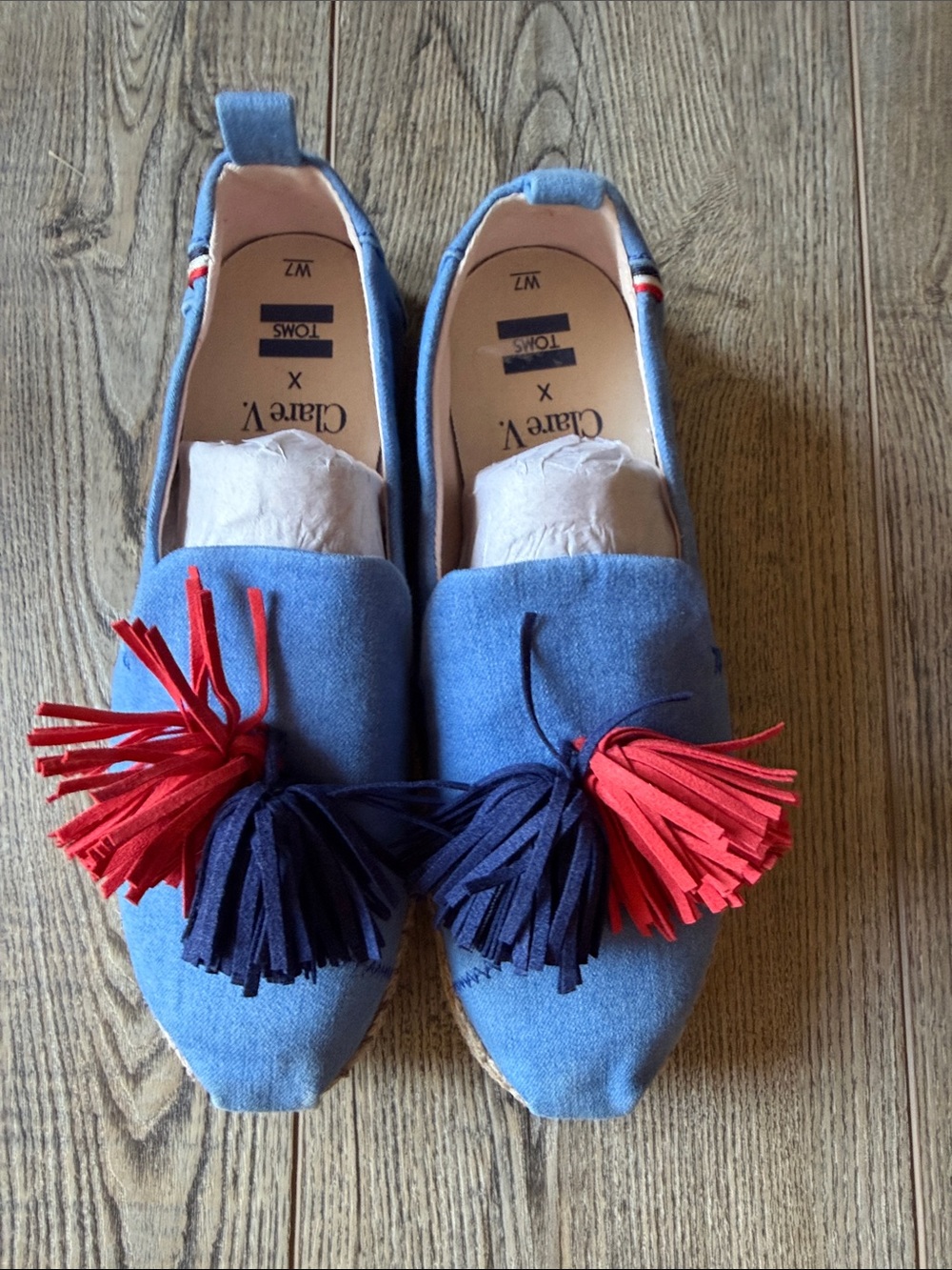 Toms Clare V Blue Espadrille Flats with Red & Navy Tassels